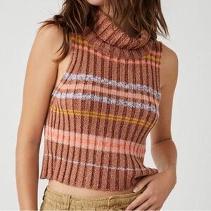 Free People Sleeveless Ribbed Knit Mock Neck Crop Top Pink Stripe (M)